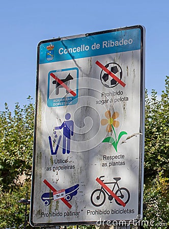 RIBADEO, SPAIN - October 4, 2020:Warning signs at the Plaza de Espana square in the Ribadeo city center, Lugo, Galicia, Spain. Editorial Stock Photo