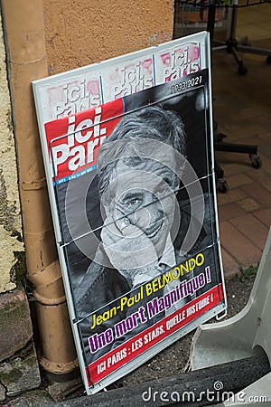 ici paris newspaper with Jean Paul Belmondo portrait in the street, JP Belmondo, the famous french actor was dead on 6th septembe Editorial Stock Photo