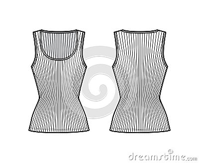 Ribbed cotton-jersey tank technical fashion illustration with wide scoop neck, close fit knit, tunic length camisole Vector Illustration