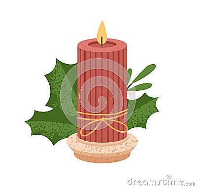 Ribbed wax candle on candlestick with leaf. Modern eco decoration. Decorative glowing candlelight taper with flame. Cosy Vector Illustration