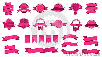 Ribbon banner badges. Frame with tape, abstract decorative shape badge and curved ribbons flat vector set. Collection of Vector Illustration