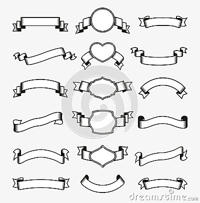 Ribbon Banners Monochrome Set Vector Illustration