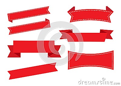 Ribbon banners, red set. Christmas decorations. Vector Cartoon Illustration