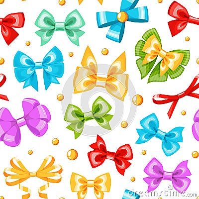 Ribbon bow seamless pattern. Colorful different bowknots, holiday wrapper decorative elements, festive gift pack tying Vector Illustration