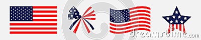 Ribbon bow Star shape American flag wave icon set line. Stars and strips . Isolated. Red and blue color. White background. Holiday Vector Illustration