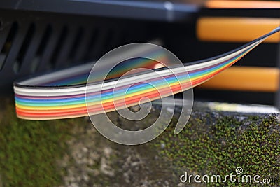 Ribbon cables or wires used on a 3d printer device to connect various electronic components Stock Photo