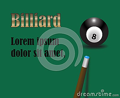 billiard cue aiming on black billiard ball number eight on green background with golden and black sign vector illustration Vector Illustration