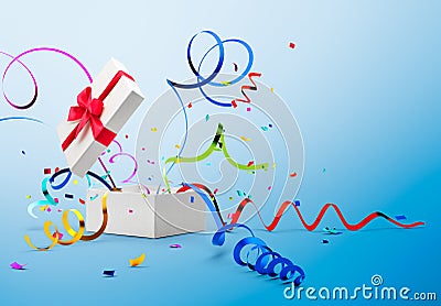Ribbon And Confetti Popping Out From Gift Box Stock Photo