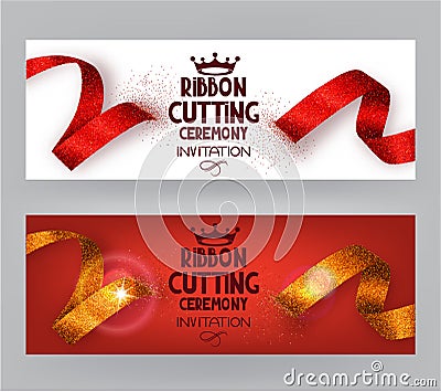 Ribbon cutting ceremony banners with abstract ribbons and abstract hand with scissors Vector Illustration