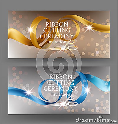 Ribbon cutting ceremony banners with curly satin ribbons and scissors. Vector Illustration