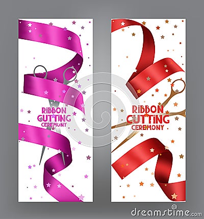 Ribbon cutting ceremony cards with pink ribbon and bokeh background Vector Illustration