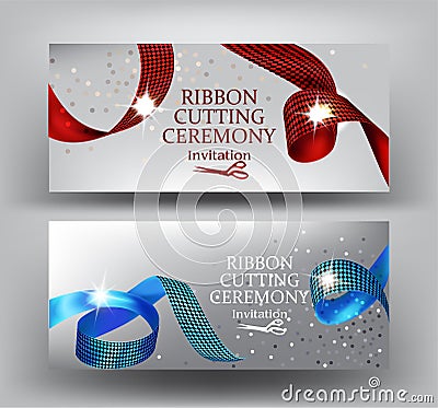 Ribbon cutting ceremony invitation banners with curly red and blue with print ribbons. Vector Illustration