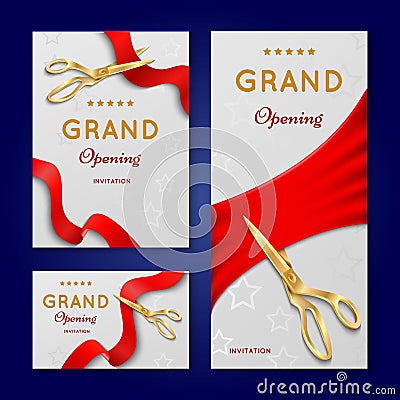 Ribbon cutting with scissors grand opening ceremony vector invitation cards, banners Vector Illustration