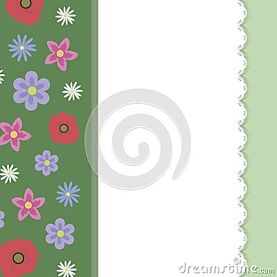 Ribbon green with field multicolored flowers poppy forget-me-not daisy white napkin with openwork edge on light green decor backgr Vector Illustration