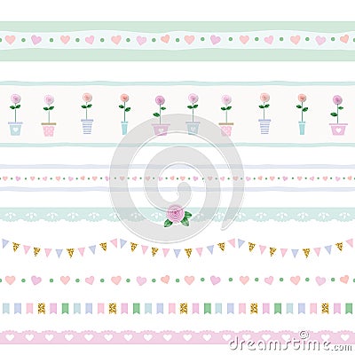 Ribbon, lace, garland set. Shabby shic design. Decorative elements for greeting cards, baby shower, wedding or scrapbook Vector Illustration