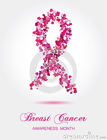 Ribbon from little colorful hearts, breast cancer awareness symbol, isolated on white background. Vector Illustration