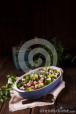 Ribbon pasta Casserole with chorizo and vegetables Stock Photo