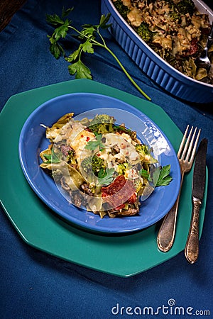 Ribbon pasta Casserole with chorizo and vegetables Stock Photo