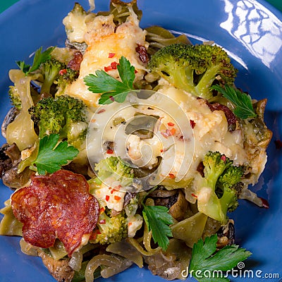 Ribbon pasta Casserole with chorizo and vegetables Stock Photo