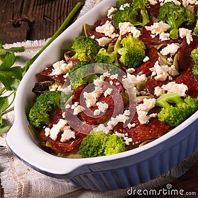 Ribbon pasta Casserole with chorizo and vegetables Stock Photo