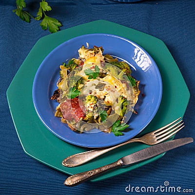 Ribbon pasta Casserole with chorizo and vegetables Stock Photo