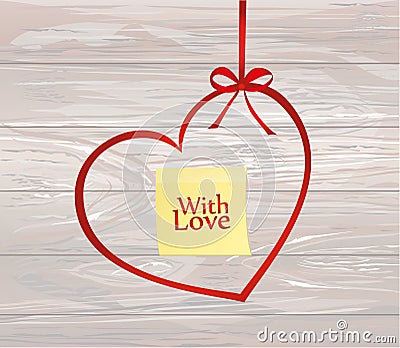 A ribbon in the shape of a heart. Yellow sheet of paper for note Stock Photo