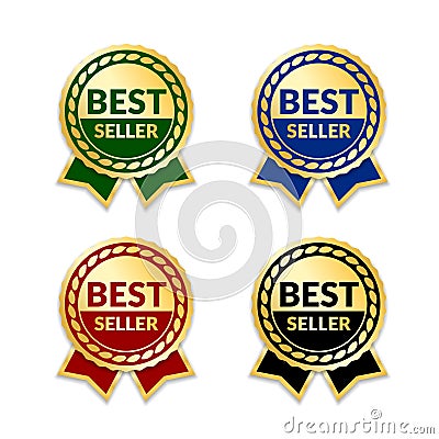 Ribbons award best seller set. Gold ribbon award icon isolated white background. Bestseller golden tag sale label, badge Vector Illustration