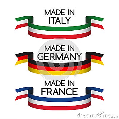 Ribbons Made in Germany, Made in France and Made in Italy Vector Illustration