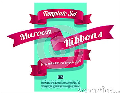 Ribbons set collection. Pink, maroon, red or scarlet color On blue background design elements. Stock Photo