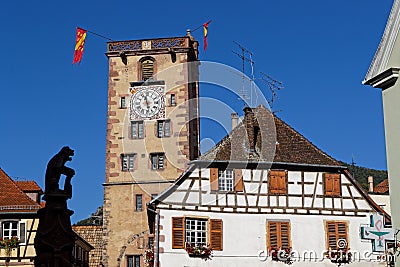 Old butchers tower in the medieval town of RibeauvillÃ© Editorial Stock Photo