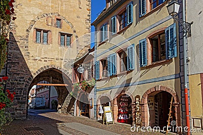 Houses and the butchers tower in the medieval RibeauvillÃ© Editorial Stock Photo