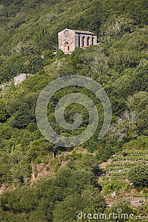 Ribeira sacra romanesque abbey. Santo Estevo de Ribas de Mino Stock Photo