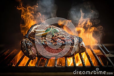 Ribeye steak on a flaming grill. Close-up of a juicy seared piece of meat lying on a grill. In the background the flames of fire. Stock Photo