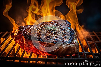 Ribeye steak on a flaming grill. Close-up of a juicy seared piece of meat lying on a grill. In the background the flames of fire. Stock Photo