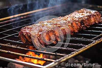 ribs marinated with spicy bbq sauce in smoker Stock Photo