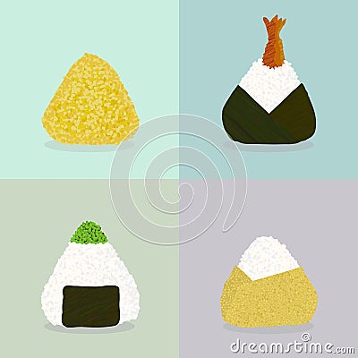 Rice balls. Japanese cuisine. Four onigiri types. Vector Illustration