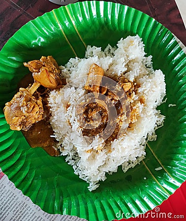 Rice and chicken curry in green plate Stock Photo