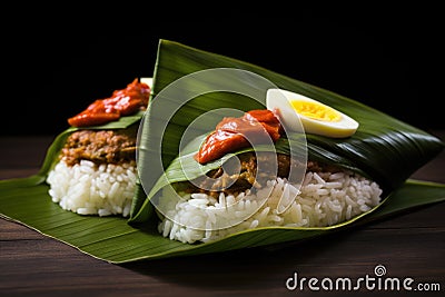Rice with chicken and egg on banana leaf on wooden table, Nasi Lemak wrapped in banan leaf. Malaysian Food and Malaysia Flag, AI Stock Photo