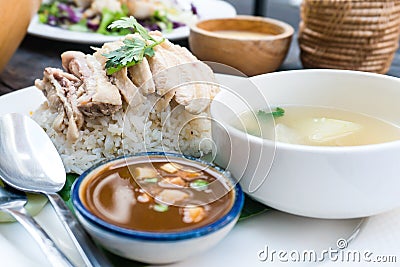 Rice, chicken, soup and sauce Stock Photo