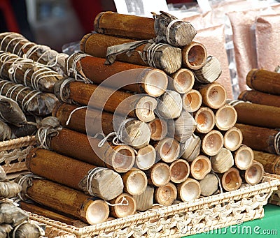 Rice Cooked in Hollow Bamboo Stock Photo