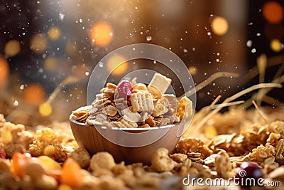 Rice and corn flake in bowl, background of healthy food, wholesome breakfast. Close-up photography. Generative AI Stock Photo