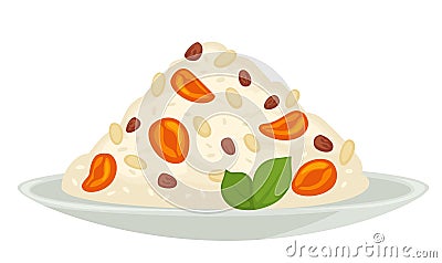 Rice with dried fruits vegetarian or vegan healthy meal on plate Vector Illustration
