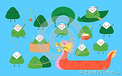 Rice dumpling characters, cartoon dragon boat festival elements. Oriental healthy food, funny zongzi. Racy cute chinese Cartoon Illustration