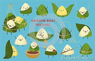 Rice dumpling characters. Dragon boat festival, asian cute dumplings food. Chinese cartoon zongzi and leaves, festive Vector Illustration