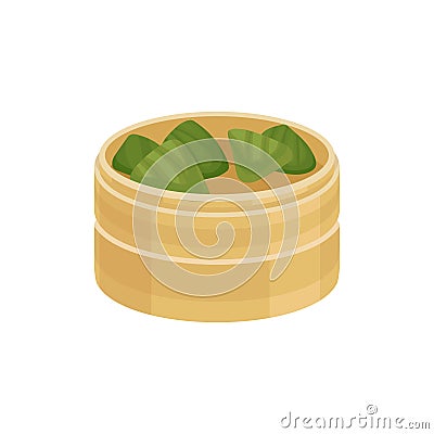 Rice dumplings zongzi in wooden container. Colorful flat vector icon isolated on white background Vector Illustration