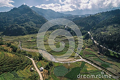 Rice Fields, rice terrace Paddy in Sa Pa Lao Cai Vietnam Asia Aerial Drone Photo Stock Photo