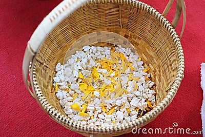 Rice, flowers, auspiciousness, used in Thai wedding Stock Photo
