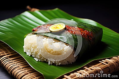 Rice with grilled salmon on a banana leaf on a black background, Nasi Lemak wrapped in banan leaf. Malaysian Food and Malaysia Stock Photo