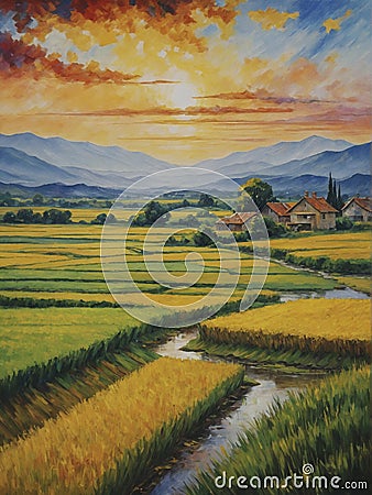 Rice harvest atmosphere in the middle of rice fields with a vast grassland background Stock Photo