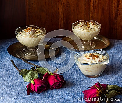 Rice kheer or payasam or payesh or khir is an Indian rice pudding made during Diwali,Durga Puja from milk and rice.Front view Stock Photo
